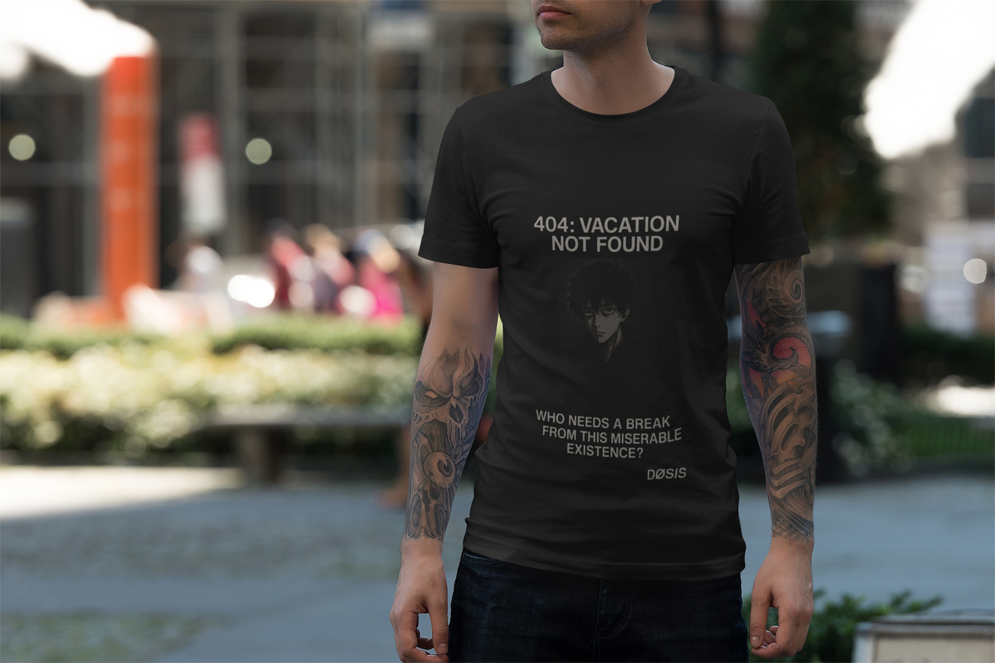 404: VACATION NOT FOUND — Camiseta negra existencial unisex | DROP_04 DØSIS | Estilo anime oscuro y minimal