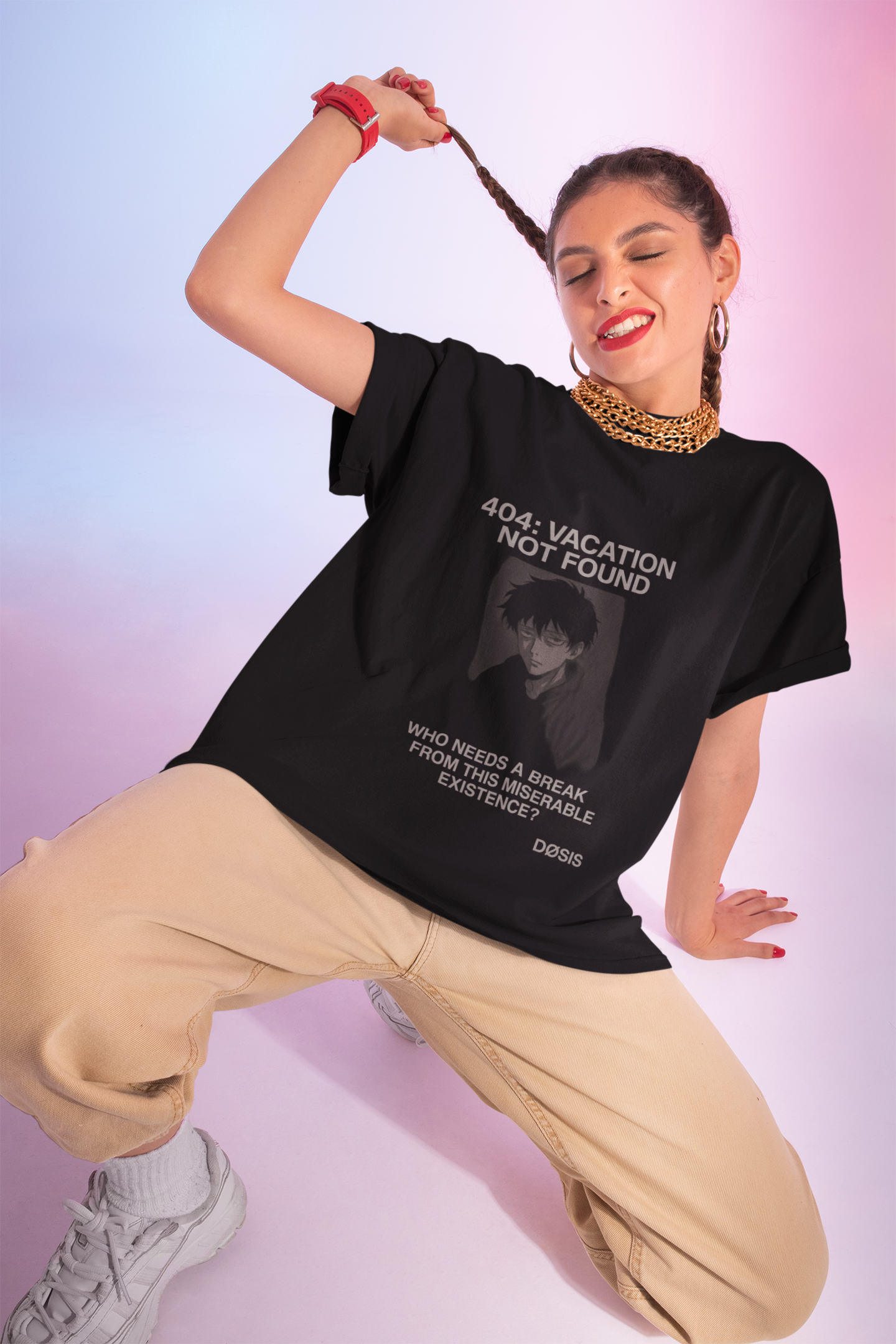 404: VACATION NOT FOUND — Camiseta negra existencial unisex | DROP_04 DØSIS | Estilo anime oscuro y minimal